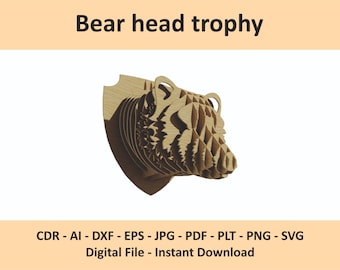 Plantilla de cabeza de oso de madera cortada a láser, decoración de pared de cabeza de oso multicapa (dxf), trofeo de animal de madera (ai) (svg), cabeza de animal 3D colgante (eps, ai)