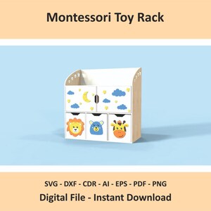 File CNC per scaffale portagiochi Montessori, progetti per contenitori per bambini per sala giochi e aula, download SVG DXF