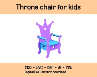 Hölzerner Prinzessin Thron Stuhl Vorlage ai, CNC Plan Design Party Thron dxf, Baby Thron Stuhl für Geburtstagskönig plt, svg, Holzkinderstuhl