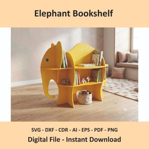 May include: A yellow elephant-shaped bookshelf featuring three horizontal tiers for storage. The structure includes a cutout elephant head with a blue circular eye, and the shelves contain various books, small toys, and a fabric storage bin.