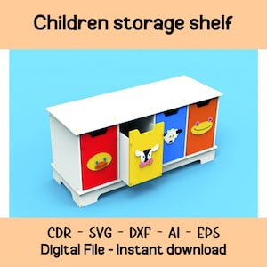 Cnc-sjabloon voor opslag van kinderspeelgoed, plankorganizer voor kinderen, digitale bestanden voor kinderkamermeubilair, DXF- en CDR-ontwerp