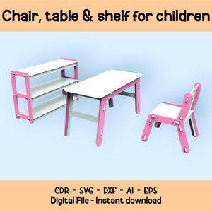 Progetti di mobili in legno per bambini / Modelli vettoriali di sedie, tavoli e mensole in CDR, dxf, AI, eps, SVG per un arredamento elegante della stanza
