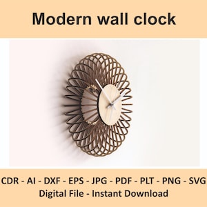 May include: A modern wall clock with a unique design. The clock features a brown, layered, circular frame with a light-colored wooden clock face and white hands. The text "Modern wall clock" is at the top. The bottom text says "Digital File - Instant Download".