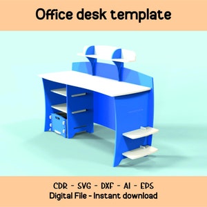 Może przedstawiać: Cyfrowy szablon biurka biurowego w kolorze niebieskim i białym z półkami i szufladą. Szablon jest dostępny w formatach CDR, SVG, DXF, AI i EPS. Plik cyfrowy - Natychmiastowe pobranie.