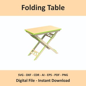 May include: A folding table with a light wood-toned rectangular top and bright green edges. The base features a cross-legged support structure with geometric cutouts. The text "Folding Table" appears at the top, with file formats listed below.
