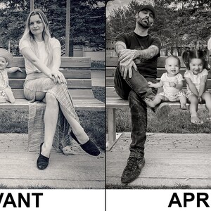 Peut inclure: Une photo en noir et blanc d'une famille de quatre personnes assises sur un banc. Le père est à gauche, la mère à droite et les deux enfants au milieu. Le père porte un chapeau et un t-shirt, la mère porte une longue jupe et les enfants portent des robes. La photo est divisée en deux, avec le côté gauche intitulé "AVANT" et le côté droit intitulé "APRÈS".