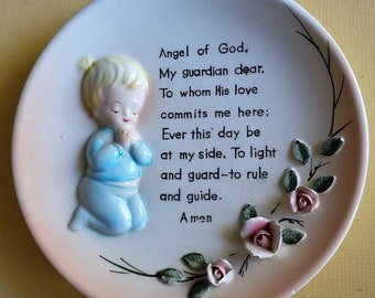 Lefton China Children's Prayer Plate 3D 6.25" Vintage 1940s-60s w Hanger