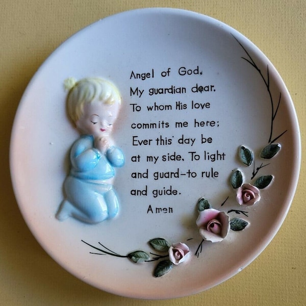 Lefton China Children's Prayer Plate 3D 6.25" Vintage 1940s-60s w Hanger