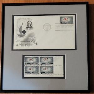 International Red Cross 1963 First Day Issue #1239 US Stamp +4 stamp plate block custom framed Vintage