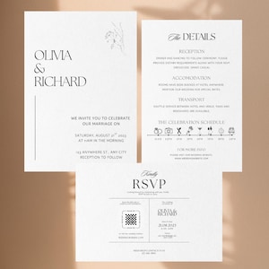 Può includere: Un invito di nozze minimalista con un design in bianco e nero. L'invito presenta i nomi Olivia & Richard, la data e l'ora del matrimonio e la location. L'invito include anche una carta RSVP con un codice QR.