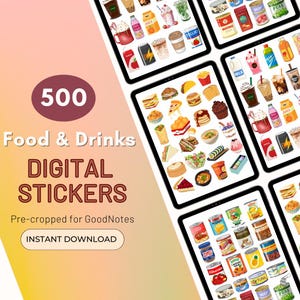 Puede incluir: Un conjunto de pegatinas digitales con 500 ilustraciones de comida y bebida precortadas. Las pegatinas son perfectas para usar en planificadores digitales y aplicaciones de toma de notas como GoodNotes.