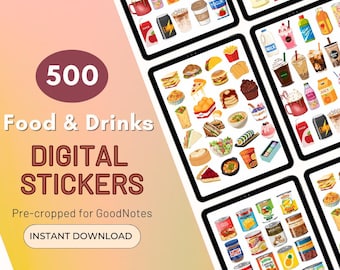 Food Drinks Digital Planner Stickers, 500 GoodNotes Planner Stickers, Individual PreCropped PNG Stickers, Digital Stickers, iPad & Android