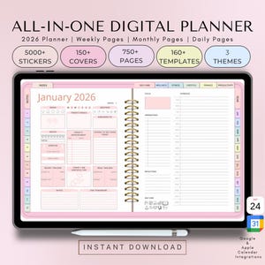 May include: A digital planner displayed on a tablet, featuring a pink and white interface. The planner includes sections for daily, weekly, and monthly planning, with the text "January 2026" visible. It offers 5000+ stickers, 150+ covers, 750+ pages, and 160+ templates.