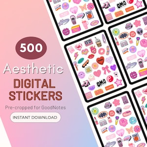 May include: 500 digital stickers in a pink and white aesthetic. The stickers feature various designs including hearts, stars, butterflies, and text. The stickers are pre-cropped for GoodNotes.