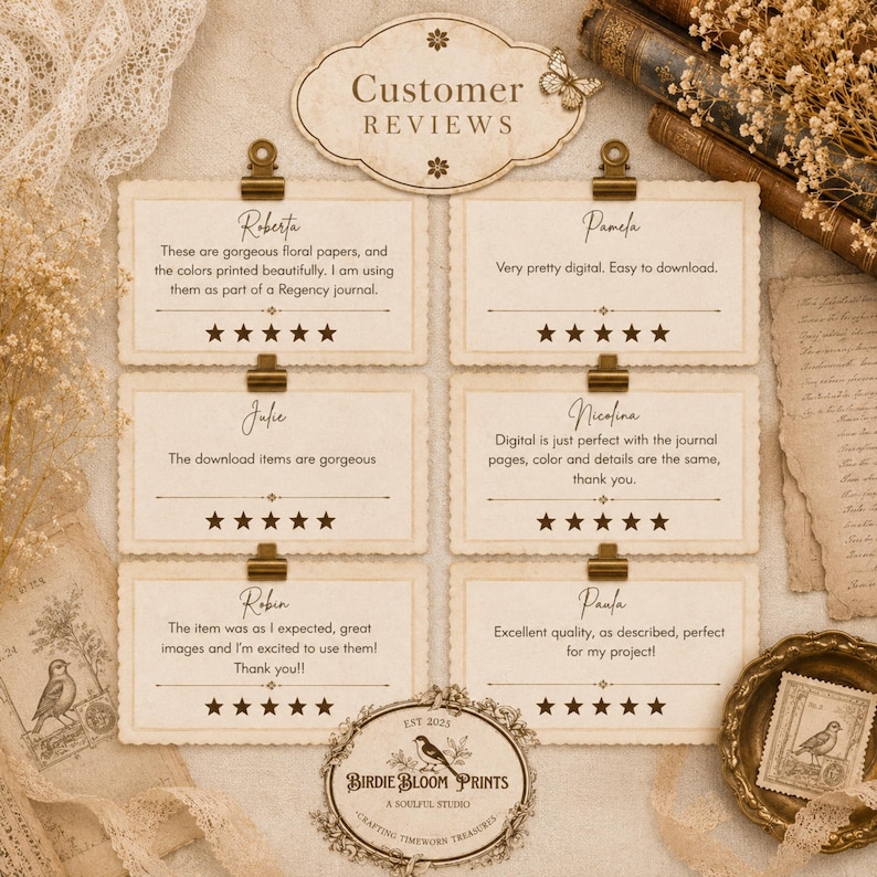 The image is a collage of six customer reviews for a product, likely a journal or notebook, with a vintage-style background featuring lace, flowers, and other decorative elements.