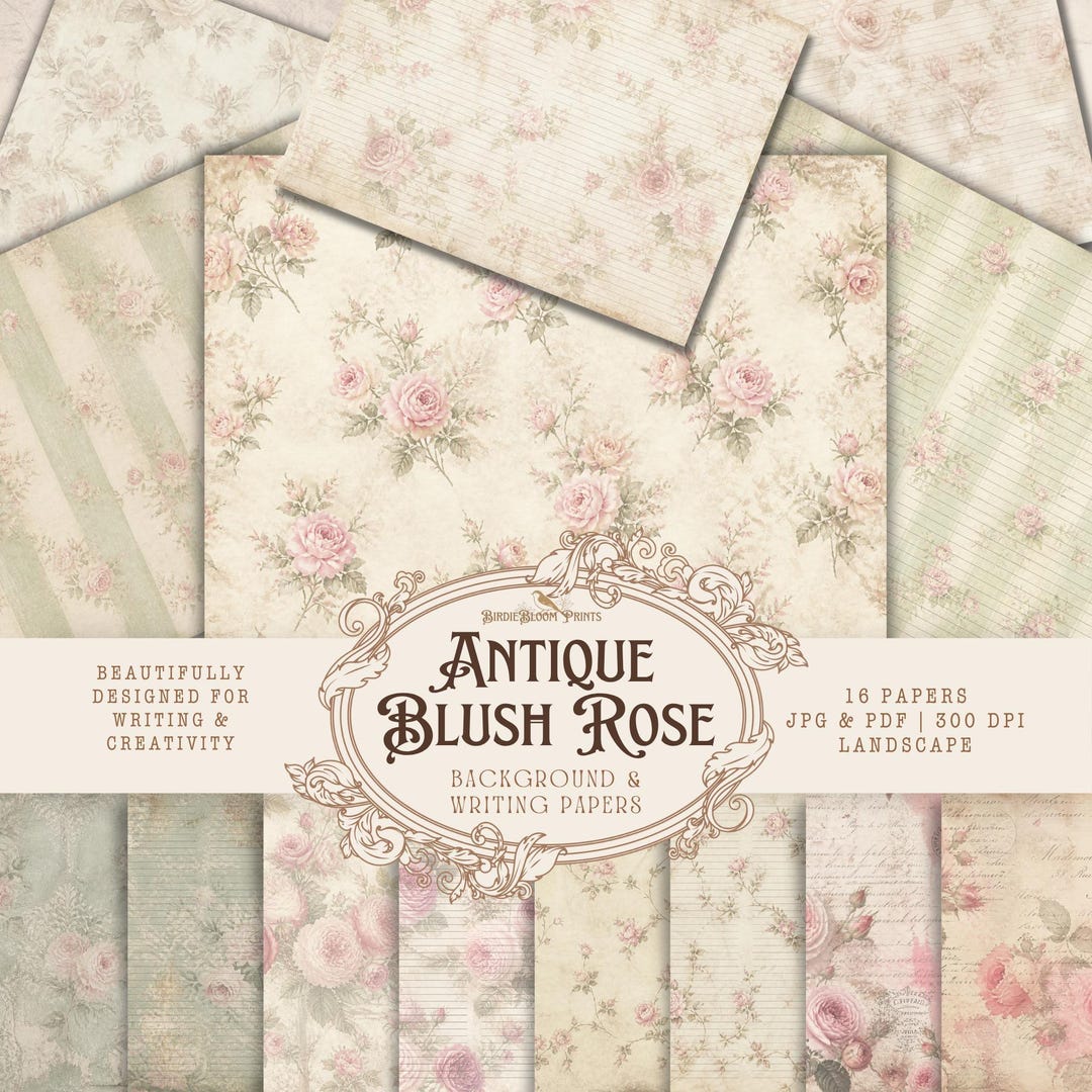 Antique Blush Rose Junk Journal Kit, Shabby Chic Floral Papers (16 ...