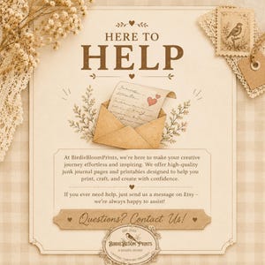 The image is a vintage-style advertisement for BirdieBloomsPrints, featuring a letter addressed to the viewer and an envelope with a letter inside. The text invites the viewer to "Here to Help" and offers assistance with creative journaling, printmaking, and crafting. The ad includes a contact number and a message encouraging the viewer to send a message on Etsy for further help.