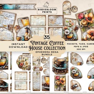 May include: A collection of vintage-style coffee-themed ephemera, including tags, cards, and pockets. The designs feature coffee cups, flowers, and script elements in warm, earthy tones. The text on the image reads "Vintage Coffee House Collection".