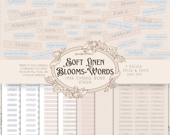 Colección Soft Linen Blooms: Etiquetas de texto para diario basura, tiras de palabras y efímeras vintage con palabras en mal estado.
