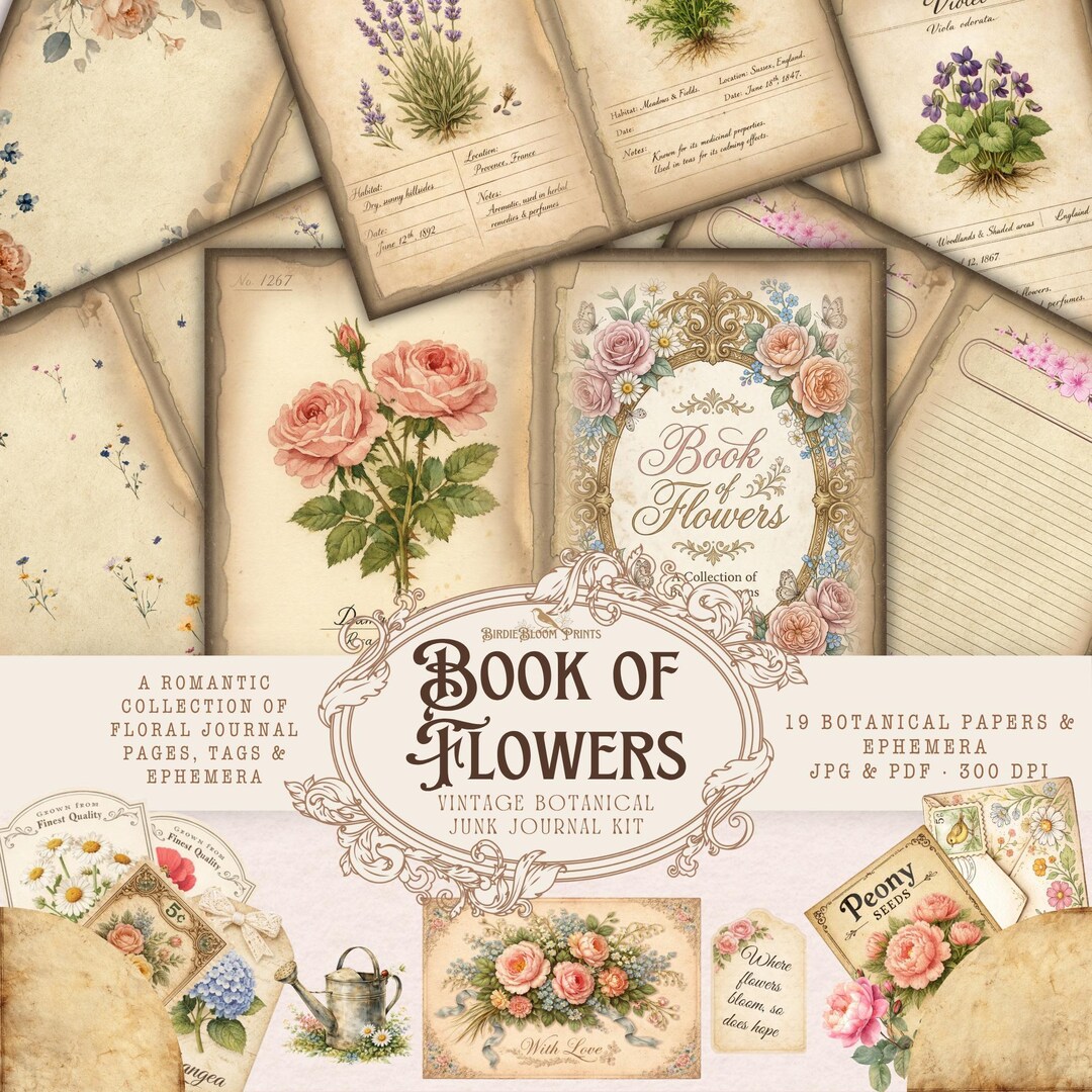Vintage Botanical Junk Journal Kit, Floral Pages, Tags, Ephemera ...