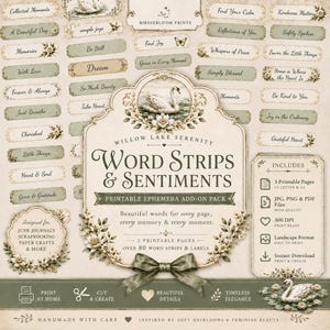 Könnte beinhalten: Eine Sammlung druckbarer Ephemera mit Wortstreifen und Sentiments unter dem Titel Willow Lake Serenity. Das Set enthält über 80 Etiketten mit Phrasen wie Collected Moments, Find Joy und Dream, verziert mit Illustrationen von Schwänen und Blumen.