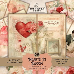 Può includere: Un collage di pagine di diario di San Valentino in stile vintage. L'immagine centrale presenta un cuore, fiori e le parole "Happy Chocolate Day". Altre immagini includono cuori, rose e una coppia che si bacia. Il testo "Hearts in Bloom" è visibile.