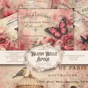 Op de afbeelding: Een verzameling vintage Franse vlinderpapieren met een blush roze kleurenschema. De ontwerpen bevatten bloemen- en vlinderillustraties, samen met Franse tekst. Geïnspireerd door Franse advertenties uit de 19e eeuw.