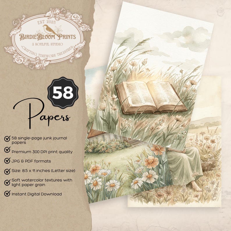 Christian Junk Journal Pages | Boho Faith & Wildflowers, Watercolor (PDF/JPG Download) image 2