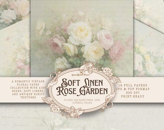 Linen Rose Garden Paper: Shabby Chic Journal Pages (Digital Download)