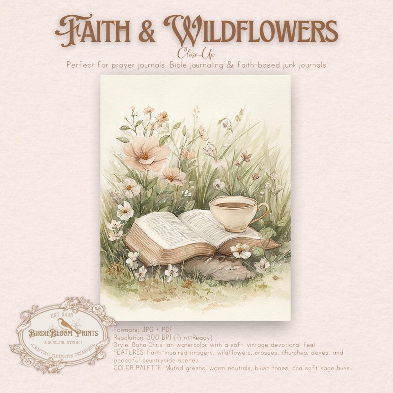 Christian Junk Journal Pages | Boho Faith & Wildflowers, Watercolor (PDF/JPG Download) image 7