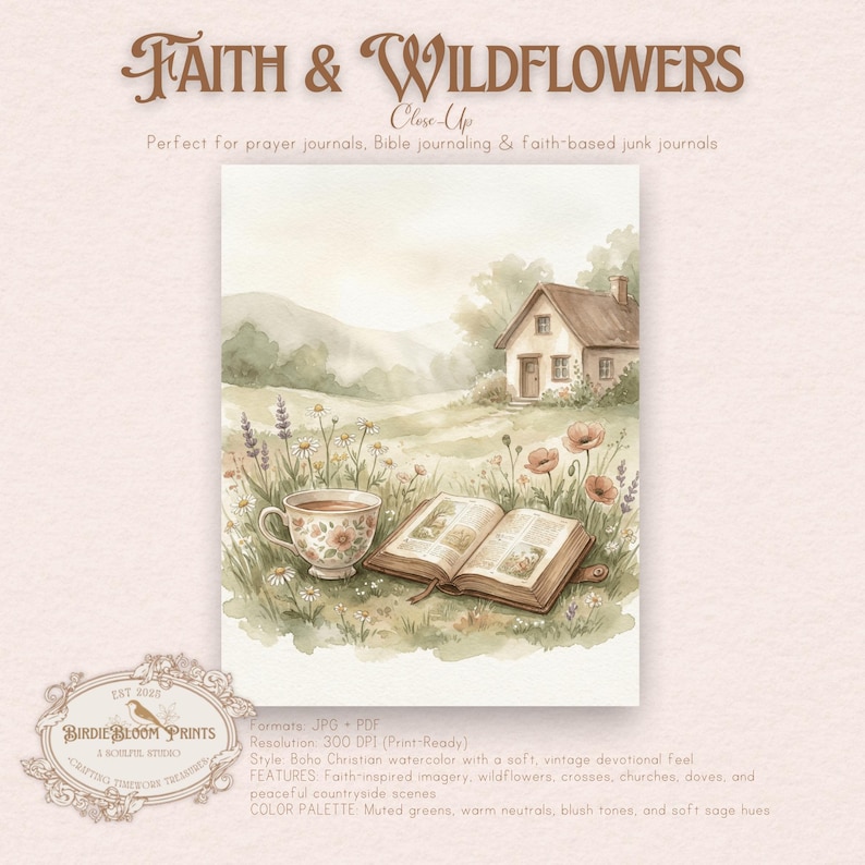 Christian Junk Journal Pages | Boho Faith & Wildflowers, Watercolor (PDF/JPG Download) image 8
