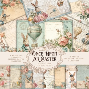 May include: A selection of vintage-style Easter journal papers. The design incorporates illustrations of rabbits in formal attire, hot air balloons, roses, and script-style text. The image text reads "Once Upon An Easter".