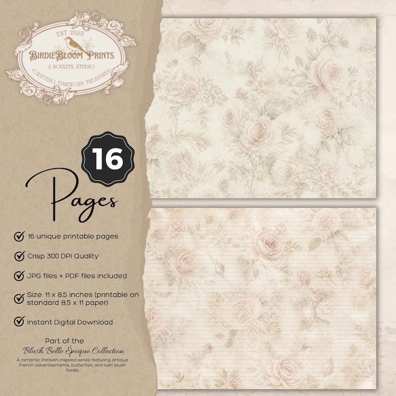 Antique Blush Rose Junk Journal Kit, Shabby Chic Floral Papers (16 ...