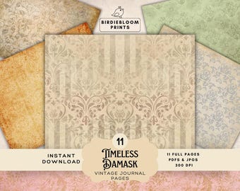 Timeless Damask Vintage Papers: Horizontal Filler Pages, Junk Journal Supplies, Background Papers