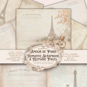 Könnte beinhalten: Ein Vintage-inspiriertes Pariser Papier-Set für Scrapbooks und Andenken. Das Design zeigt den Eiffelturm, ein Fahrrad und florale Akzente. Das Set enthält linierte Seiten mit dem Text "A Letter from the Heart".