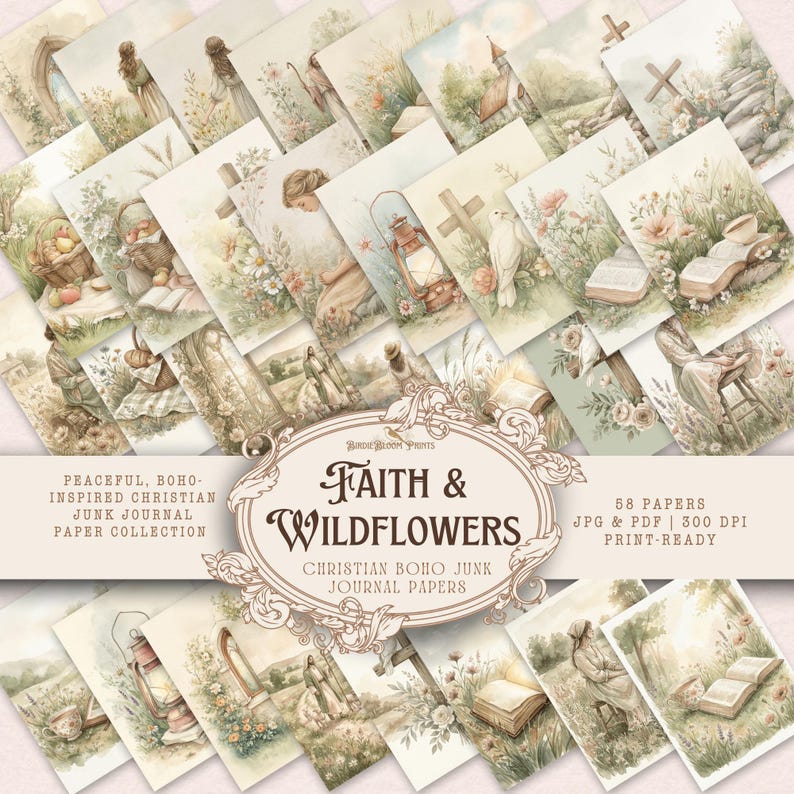 Christian Junk Journal Pages | Boho Faith & Wildflowers, Watercolor (PDF/JPG Download) image 1