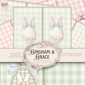 May include: Printable Easter-themed papers with bunny egg illustrations, bows, and floral details. The background features gingham and striped patterns in pastel shades. The text reads "Gingham & Grace", a writing collection for journals and spring letters.