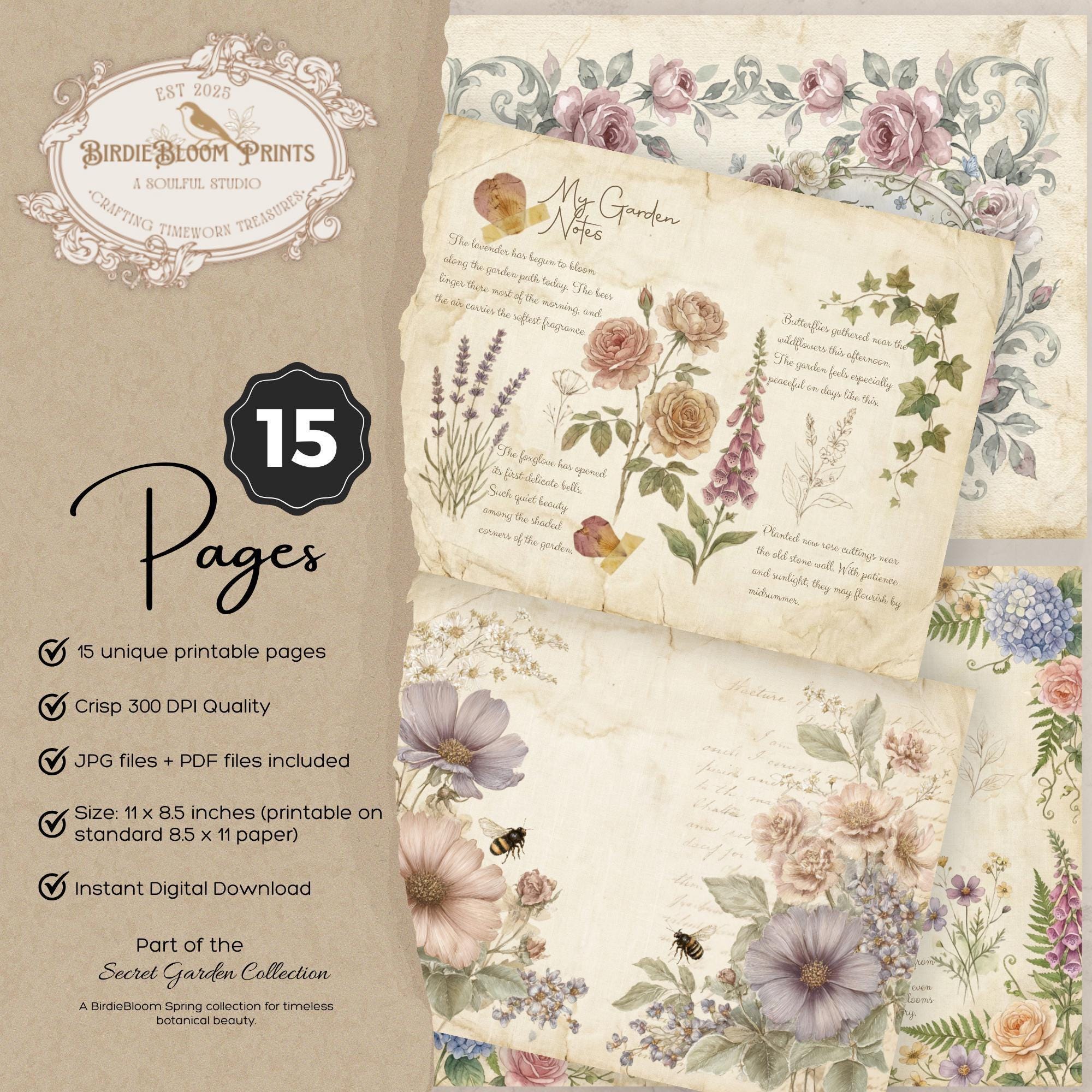 Secret Garden Junk Journal Kit: Vintage Floral Pages, Botanical ...