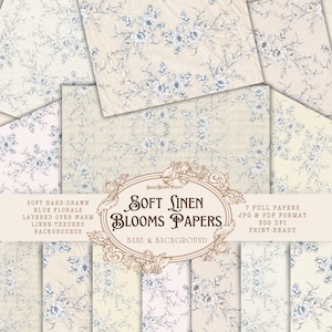 May include: A collection of soft linen papers with hand-drawn blue floral designs layered over warm, linen-textured backgrounds. The papers are print-ready and feature the text "Soft Linen Blooms Papers".