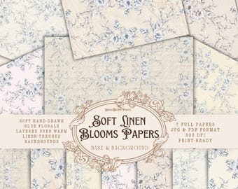Linen Floral Junk Journal Papers: Shabby Chic Blue Blooms (Digital Download)