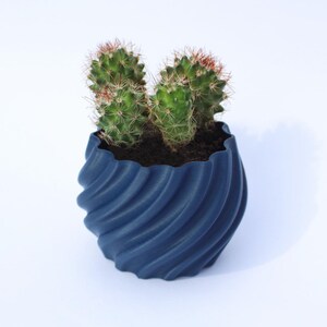Navy blue 3D printed plant pot with a cacti plant inside photographed in a white background.