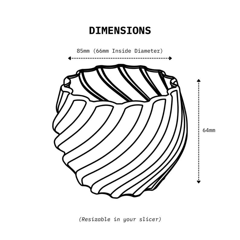 3D printed plant pot illustration with dimensions.