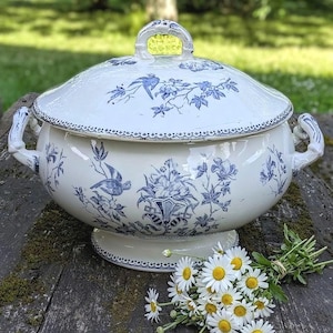 Op de afbeelding: Een witte keramische terrine met deksel, voorzien van blauwe bloemen- en vogelpatronen. De ronde kom heeft twee zijhandvatten en een decoratieve knop op het deksel. De voet en de rand zijn afgewerkt met een fijne blauwe stippelrand en het oppervlak is versierd met gedetailleerde botanische illustraties.