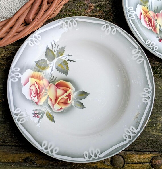 6 Vintage Digoin Sarreguemines Dilou Suppenteller – Rosen – Country Chic Blumengeschirr