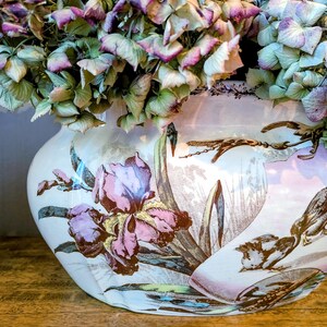 Large antique Jemappes planter – polychrome earthenware cachepot – decorated with ducks, irises, and dragonflies – late 19th century