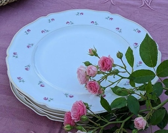 6 assiettes plates anciennes Limoges – décor roses – porcelaine vintage française – table de jardin – campagne chic – shabby chic