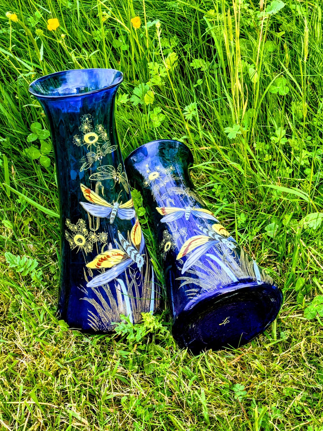 Legras Théodore, Pair of Cobalt Blue Enameled Glass Vases