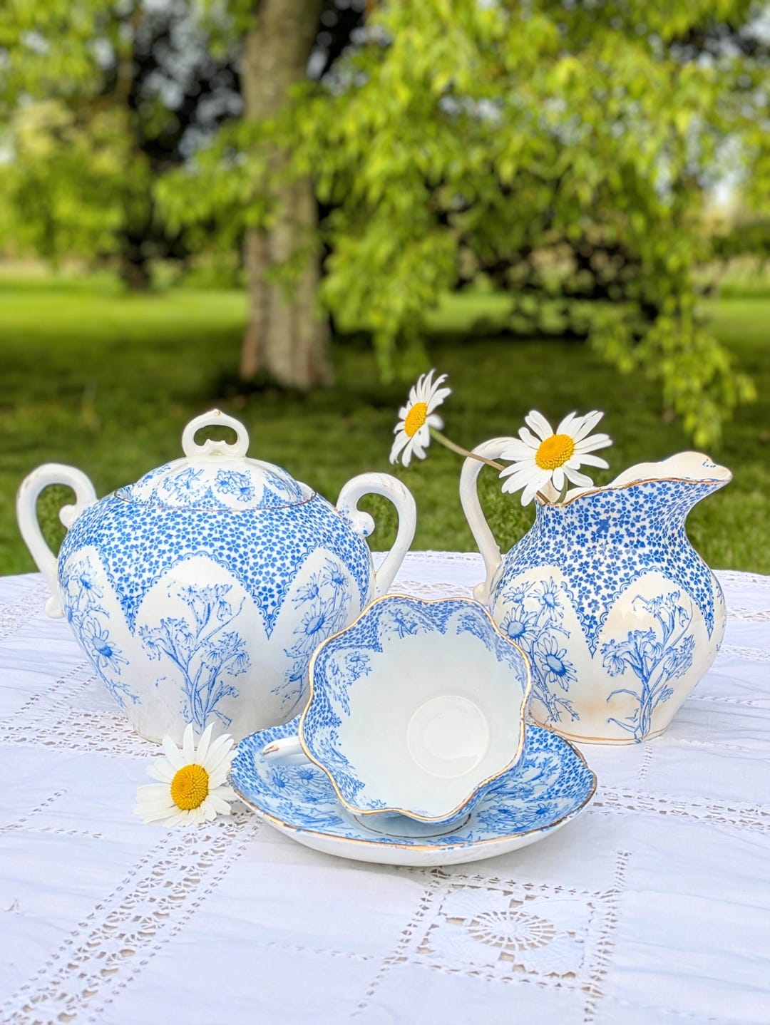Vintage English Blue Floral Porcelain Tea Set - Cottagecore Set With ...
