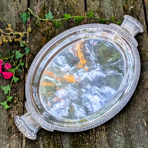Op de afbeelding: Ovale zilveren serveerschaal met decoratieve handgrepen. De schaal heeft een reflecterend oppervlak en een gedetailleerde rand. De handgrepen hebben een klassiek ontwerp. De schaal staat op een verweerd houten oppervlak met groen.