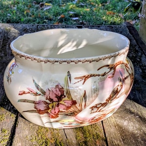 Może przedstawiać: Kremowa ceramiczna donica z szerokim, falistym brzegiem i kwiatowym wzorem. Donica ma brązową obwódkę i malowaną scenę różowych i fioletowych irysów z zielonymi liśćmi. Donica stoi na zwietrzałej drewnianej powierzchni.